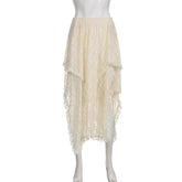 Irregular lace ruffle solid midi skirt